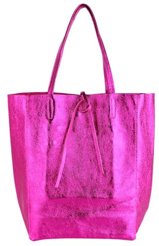 MIRROSI Shopper Damen aus Echtleder – Made in Italy – Henkeltasche & Tragetasche 38x38x16 cm – Einkaufstasche in vielen trendigen Farben – passt für A4-Ordner (Metalic Pink)