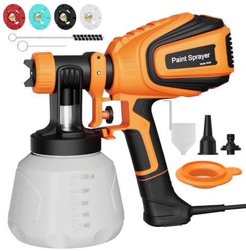 GLORITY Pulverizador de pintura HVLP 700 W, pulverizador eléctrico con depósito de 1200 ml, flujo de 1000 ml/min, 4 boquillas y 3 patrones de pulverización, flujo ajustable, incluye boquillas de