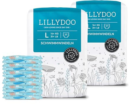 LILLYDOO hautfreundliche Einweg-Schwimmwindeln für Babys, Größe L (14+ kg), 2 Packungen (34 Stück) mit Unterwasser-Design, Windeln für sicheren Schutz im Wasser