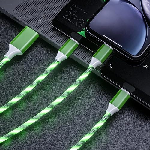 Aiivioll 3-in-1 Flowing LED Charging Cable - Fast USB Charger Cord for iPhone, Samsung, Android Phones, Tablets - Compatible with Micro USB/Type-C/Lightning (Green, 2m)