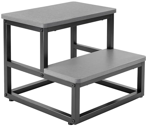 2 Step Stools for Adults Kids, Non-Slip, Heavy Duty, 200 kg Capacity, Grey | Rounded Edges, Metal Wooden, for High Bed, Kitchen, Bathroom, Garden Outdoor Step, Waterproof, RV, Caravan Step, Footstool