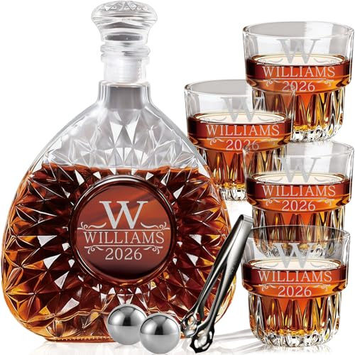Personalized Whiskey Decanter Set - Custom Engraved Liquor Decanter (18oz/26oz) for Men & Dad, Includes Chill Stones & Tongs