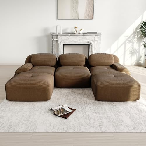 A ALFRESCOOL Boneless Couch, Wohnlandschaft U Form, Modulares 3 Sitzer Sofa aus Cordstoff, mit 2 Ottomane, Ohne Montage & Rutschfester Unterseite, frei Kombinierbar, 298×178×75cm (Braun)