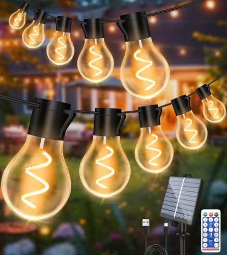 Solar Festoon Lights Outdoor, 12M/39.4FT USB&Solar String Lights Outdoor Waterproof with 8 Modes, Shatterproof Bulbs, Timer&Remote, Garden Solar Lights for Gazebo, Patio, Party, Wedding Decor