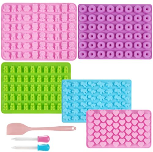 5 Pièces Moule Silicone Bonbon, Moules Ourson Guimauve Sans BPA | Moule a Bonbon Silicone avec 2 Compte-Gouttes, 1 Spatule, Réutilisable Moules Gummies Patisserie pour Pudding Glaçons Bonbons