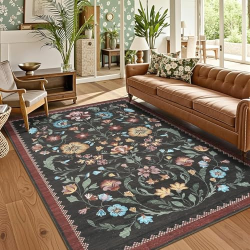 Strloepr Waschbarer Teppich Eingangsbereich Flur Büro Küchenschrank Wohnzimmer,Blumenmuster in Rot, Blau, Gelb, Rosa und Grün, 80 x 120 cm