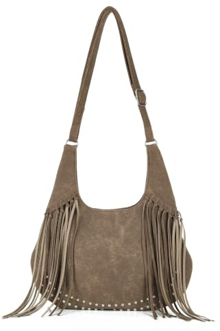OPLERT Sac à Franges en Daim Synthétique Sac Bandoulière Western Boho, Sac Hobo Rétro avec Clous pour Femme