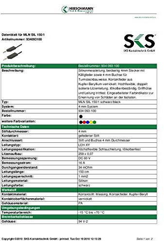 SKS Hirschmann CO MLN SIL 150/1 Messleitung [Banane männlich 4 mm - Banane männlich 4 mm] 1,50 m, Schwarz, 1 Stück