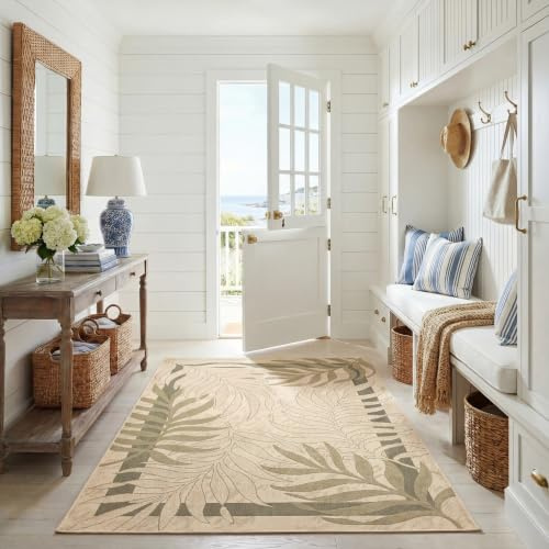 SAFAVIEH Washable Rug Outdoor Courtyard Collection - 4' x 5'7, Cream & Green, Non-Shedding & Easy Cleaning, Ideal for Patio, Backyard, Mudroom (CY7836-14A5)