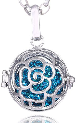 Morella Damen Halskette Edelstahl 70 cm mit Rosen Anhänger und Klangkugel Zirkonia Petrol Ø 16 mm in Schmuckbeutel