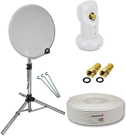 PremiumX Mobile Camping HD Satelliten-Komplettanlage 60cm Satellitenschüssel Single LNB Dreibein-Stativ 10m Kabel mit F-Stecker