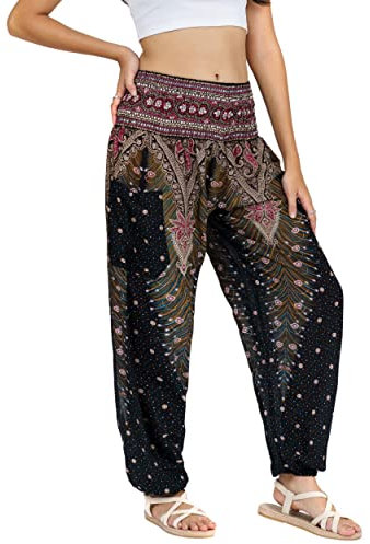 Lofbaz Harem Pants for Women Yoga Boho Hippie Clothing Womens Palazzo Bohemian Pajama Trousers Beach Indian Gypsy Genie Clothes - Peacock 1 Black B 3XL
