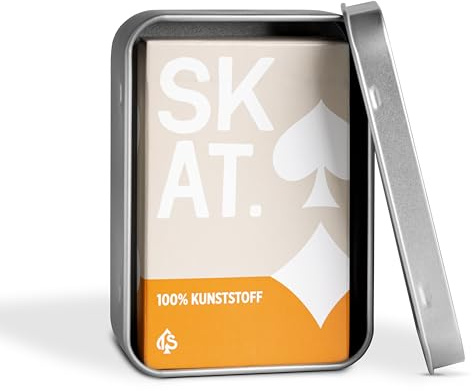 TS Spielkarten Skat-Karten 100% Kunststoff – 32 Karten + Metalldose | 32 Karten + Metalldose · 100 % Kunststoff · wasserfest/abwaschbar · Reizwerttabelle · Ersatzkarten-Service · QR-Spielregeln