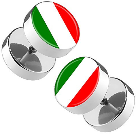 Piersando Ohrringe Fake Ohr Plug Flesh Tunnel Piercing Ohrstecker Stecker Stab Runde Platte Fussball EM & WM Länderflagge Fanartikel Land Flagge Italien