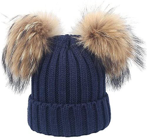 feifanshop Damen Wintermützen Strickmütze Echtfell Waschbär Fell Pelz Bommel Mütze Bommelmütze Beanie Warme Cap Navy Blau