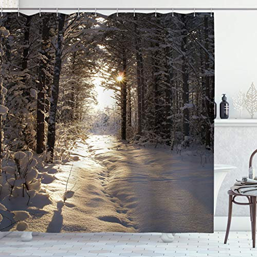 ABAKUHAUS Winter Duschvorhang, Weihnachten Schnee Wald, Stoffliches Gewebe Badezimmerdekorationsset mit Haken, 175 x 200 cm, Hellgelb Braun