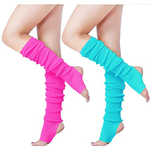 v28 Damen Neon Knit Beinwärmer für 80er Jahre Party Tanz Sport Yoga, Loch 61-2 (Rose + Seeblau), Top Circumference: 15-16.5