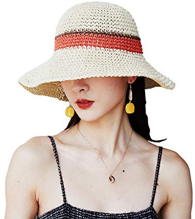 WITERY Trendy Women's Sun Hat Summer Straw Cap for Women Adjustable Summer Panama Fedora Wide Brim UPF 50+ Foldable Straw Beach Hat for Walking Fishing Travelling Beige