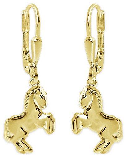 CLEVER SCHMUCK Goldene Damen Ohrringe Ohrhänger 27 mm Pferd 12 mm springend glänzend Rückseite hohl 333 Gold 8 Karat im Anthrazit groß