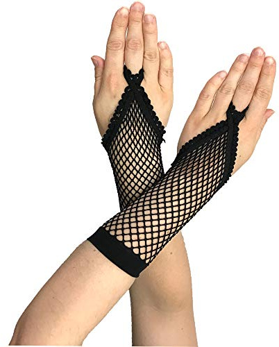 Yummy Bee - Guantes sin Dedos de Rejilla - Guantes Disfraz - Largos Cortos Mujer Negro Rojo Multicolor (Negro, Largos Bucle)