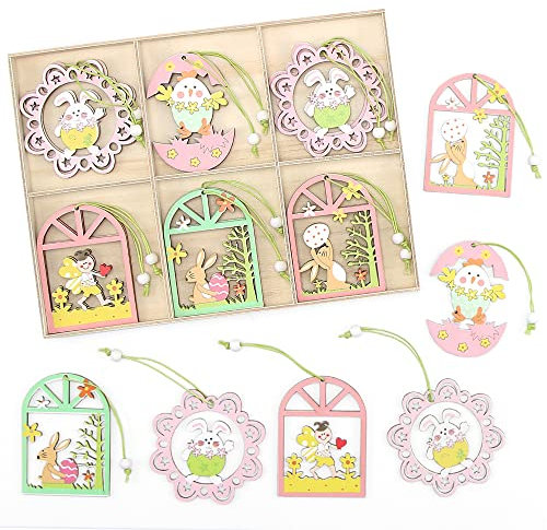Bluelves Ciondoli Pasquali in Legno, 18pcs Coniglio Pasquale Decorazioni Legno, Coniglio Pasquale da Appendere, Addobbi Pasquali Ciondolo in Legno per Pasqua Decorazioni casa