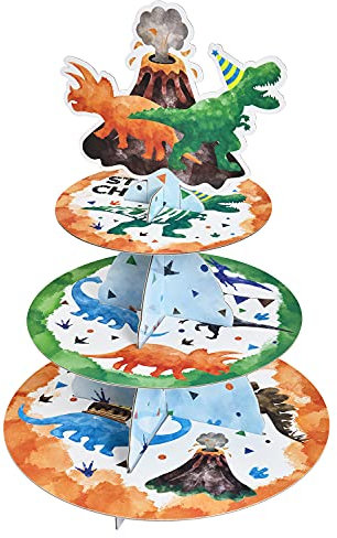 WERNNSAI 3 Etagen Cupcake Ständer aus Karton - Dinosaurier Party Dekorationen für Kinder Jungen Dinosaurier Tortenständer Kuchenständer Runder Serviertablettständer Aquarell Dino Partyzubehör