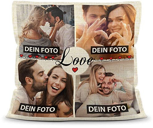 PR Print Royal Kissen selbst gestalten Leinen Optik - Collage mit 4 Fotos Bedrucken - Ich Liebe Dich - Geschenk Valentinstag Geburtstag Weihnachten - Fotokissen Natur inkl. Füllung, 40x40 cm