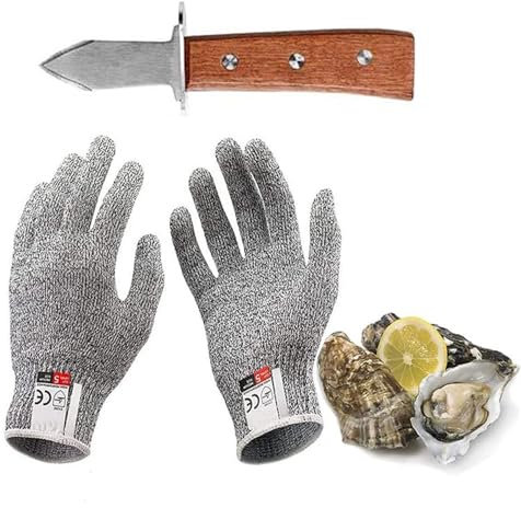 Kaqisen Couteaux à HuîTres Set, Inclure 17 cm Couteau Huitre et Paire de Gants RéSistants Aux Coupures de Grade 5, Manche en ChêNe de Qualité A, pour CrustacéS et Fromage à PâTe Dure (M)