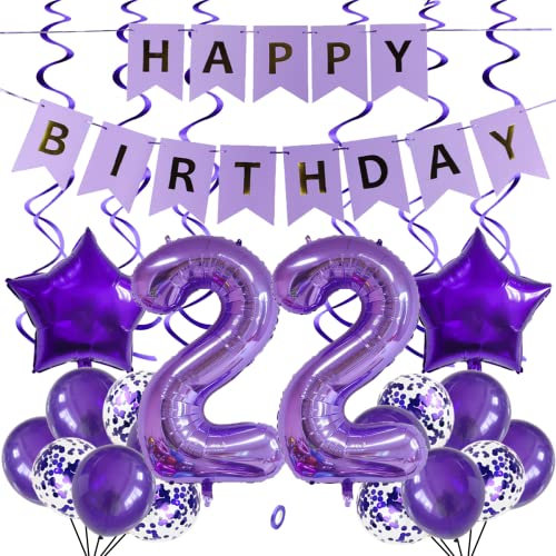 SNOWZAN Luftballons 22. Geburtstag Dekoration Lila 32 Zoll Riesen Zahlen Ballons,Latex Folienballons 25 Stück