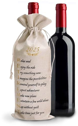 Lev's Retirement Gifts for Men, Women - Elegant Wine Bottle Gift Bags Natural Cotton Funny Drawstring Teachers, Employees, Colleagues