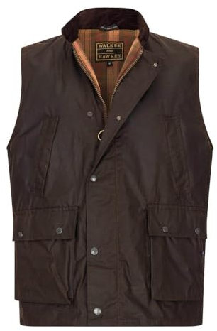 WALKER AND HAWKES - Men's Winchester Multi Pocket Waxed Cotton Gilet Outdoor Camping Waistcoat Hiking Travelling Jacket - Brown - Large
