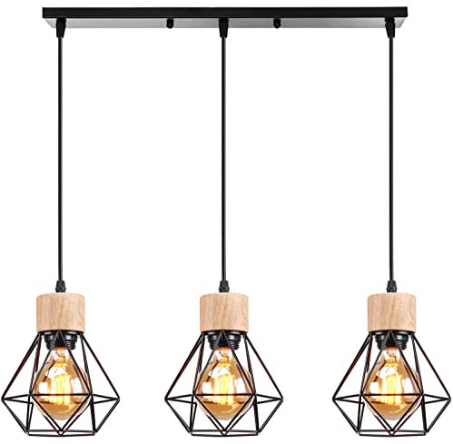 TOKIUS Suspension Luminaire Vintage Industrielle Lustre Abat-jour en Métal et Bois Ø160mm Plafonnier E27 avec Bois Rétro Pour Salon Cuisine Chambre (B-avec barre)