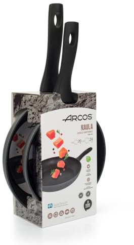 Arcos Serie Kaula | Lote de Sartenes 20 y 24 cm | Aluminio Forjado | Recubrimiento QuanTanium | Apta cualquier cocina | Mango Efecto Frio | Sistema ahorro energético | Apta lavavajillas | Color Negro