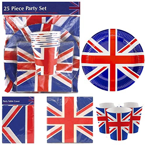 ZOPPER 25 x Union Jack Full Party Set Paper Party Bowls & Cup, Napkins, Table Cover, UK Flag Tableware Party Supplies for Celebrate The King Charles Coronation Decorations