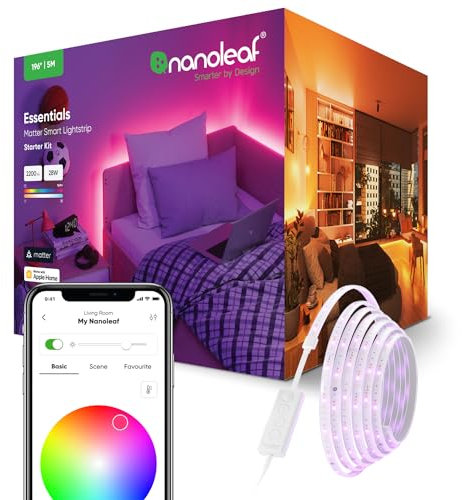 Nanoleaf Matter Essentials Lightstrip Starter Kit, 5M Smart RGBW LED Strip Light - Matter over Thread, Bluetooth Colour Changing LED Strip, Works with Google Apple, Room Decor & Gaming