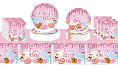 PIUMOJ Donut Partygeschirr Set, Rosa Partygeschirr Kindergeburtstag, Donut Geburtstag Pappteller, Tischdecke, Servietten, Party Deko Geburtstag Donut für Mädchen, 16 Gäste