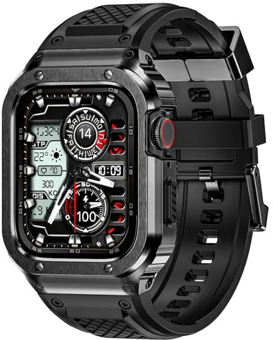 Deczone Band mit Edelstahlgehäuse Kompatibel mit Apple Watch Serie SE 6 5 4 44mm, Serie 3 2 1 42mm Band, iwatch Bands Robuste Schutzhülle für Männer (Schwarz)