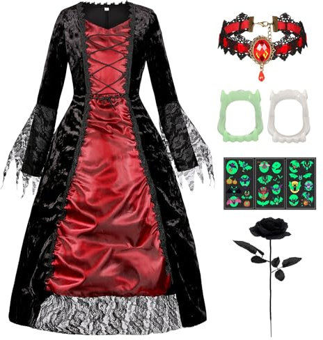 G052XL - Costume de Vampire pour Enfant - Robe de Reine d'Halloween avec Collier et Rose Gothique Noire - Accessoire de Mors de Vampire pour Carnaval, Fête à Thème