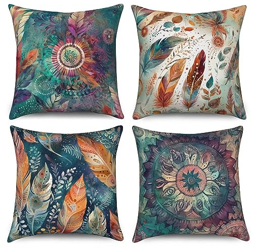 ASDCXZ Kissenbezug 40x40 cm 4er Set, Modern Retro Kunst Graffiti Feder Blätter Bunt Sofa Dekokissen Kissenbezüge Kissenhülle Waschbar Polyester Flachs Textil Outdoor Kopfkissenbezug Kissen Bezug