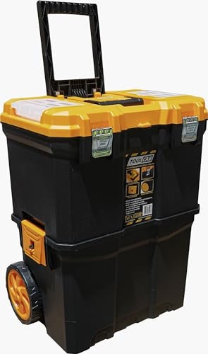 Tool Lab Mobile Rolling Tool Box 2 Tier Stacking Pull Along Handle With Metal Latches, Rubbed Wheels For Home and Work Orange