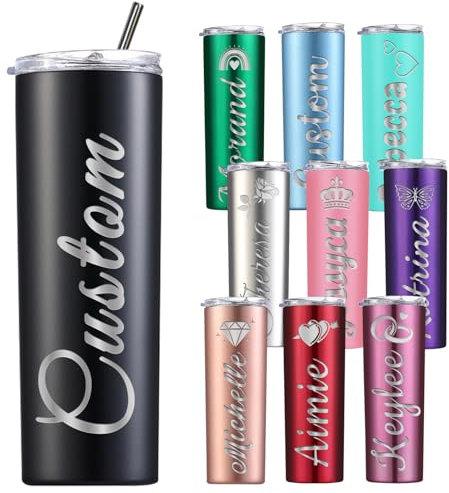 Gobelet fin personnalisé avec couvercle et paille - Gobelet fin personnalisé en acier inoxydable gravé - 591 ml - Pour homme et femme - Cadeau d'anniversaire, de Noël, de Saint-Valentin - Noir