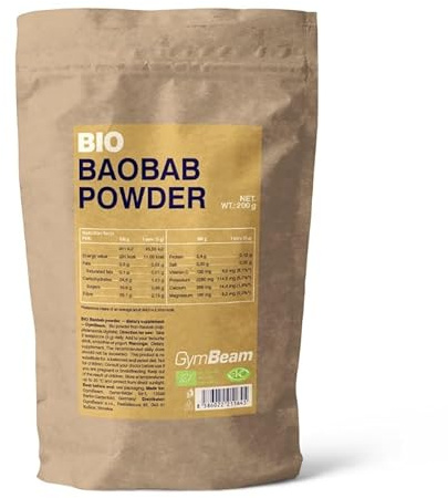 GymBeam Baobab Pulver - BIO Baobab Pulver, veganes Fruchtpulver, reich an Ballaststoffen, ideal für Getränke & Mahlzeiten, nährstoffreiches Superfood aus der Frucht des Baobabbaums, 200 g