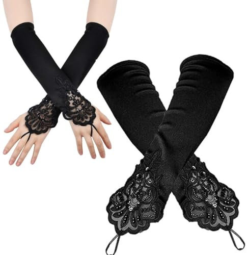LEEQ Schwarze Opera Lange Handschuhe - Damen Satin Classic Fest Party Audrey Hepburn Handschuhe, 1920er Jahre Zubehör Fingerlose 20's Accessoires