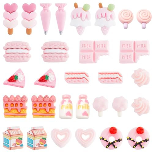 SUNNYCLUE 1 Box 60 Stück 15 Stile Rosa Cabochons Mit Flacher Rückseite Mini Anhänger Aus Lebensmittelharz Niedliche Donut Kuchen Eis Milch Dessert Kawaii Cabochons Für DIY Basteln Basteln Dekoration S