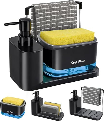 Yulado Distributeur Liquide Vaisselle Noir, 4 en 1, Distributeur Savon Cuisine, Porte-éponge de qualité supérieure