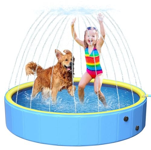 Piscina para perros de 63 pulgadas de grosor para mascotas y niños, piscina antideslizante de plástico duro, piscina de aspersor plegable 2 en 1, piscina extragrande para niños, piscina portátil para