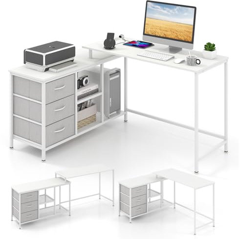 COSTWAY L-Shaped Computer Desk, Convertible Study Writing Workstation with Drawer, Shelves & Charging Station, Large Long Corner Home Office Desk Wooden PC Laptop Gaming Table (White + Gray)