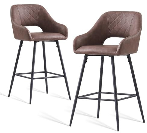JaHECOME Bar Stools Set of 2 Brown Leatherette Exterior Breakfast Dining Kitchen High Stools with Armrest, Backrest for Breakfast Bar, Counter Kitchen and Home