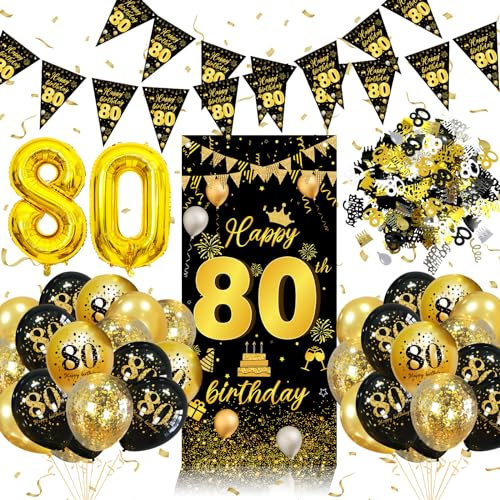 80. Geburtstag Deko für Mann und Frau - Schwarz Gold Dekorationen Banner, Happy Birthday Wimpelkette, Konfetti, Luftballons