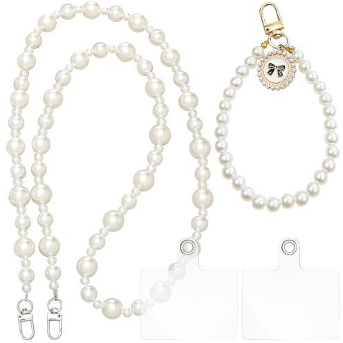 JSTHHTT 3 Pcs Pearl Beaded Phone Chain Wrist Strap Neck Strap with Connectors, Compatible with Most Phones
